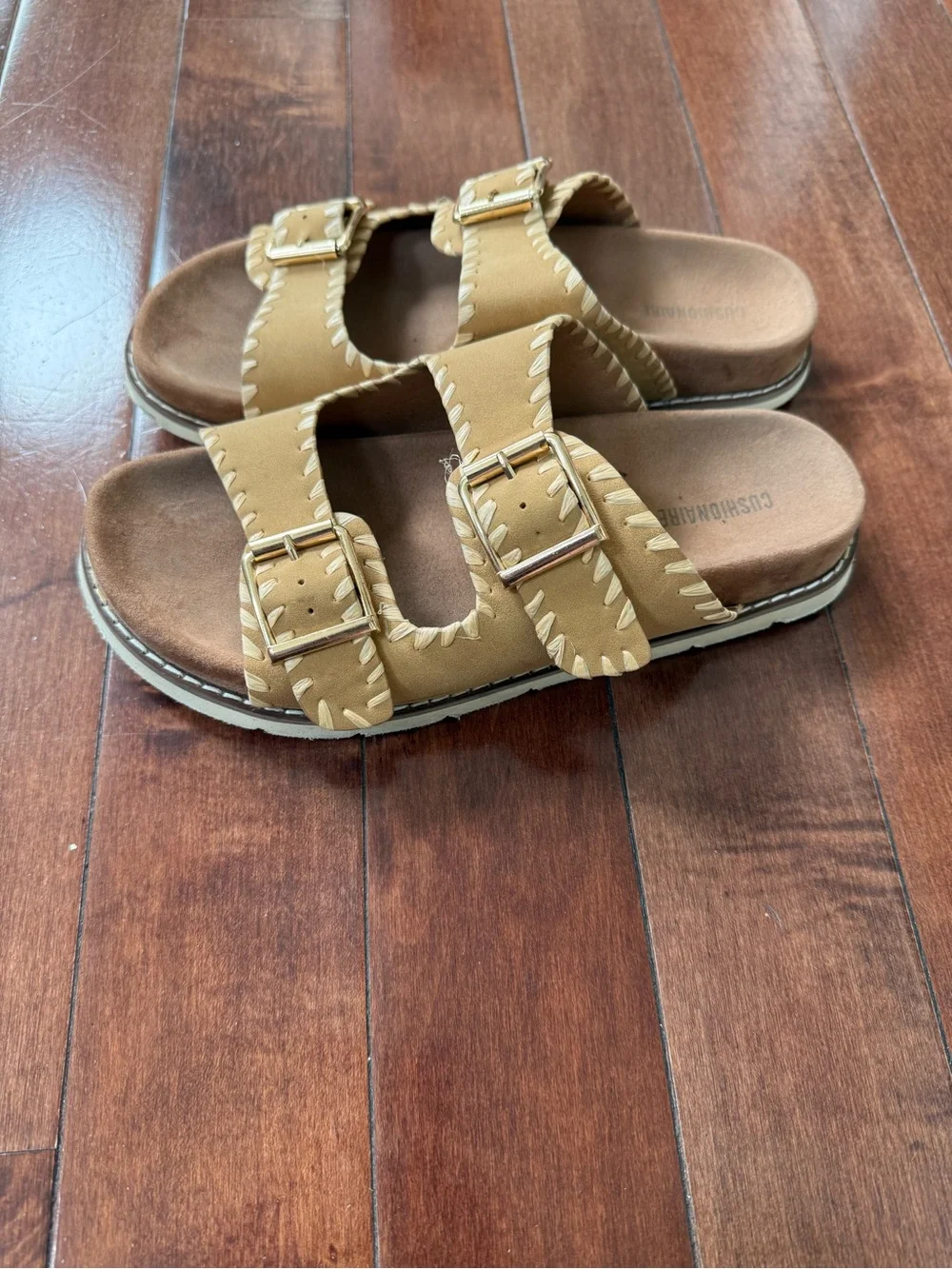 Wyatt Women’s Tan Double Buckle Slide Sandals, size 7W